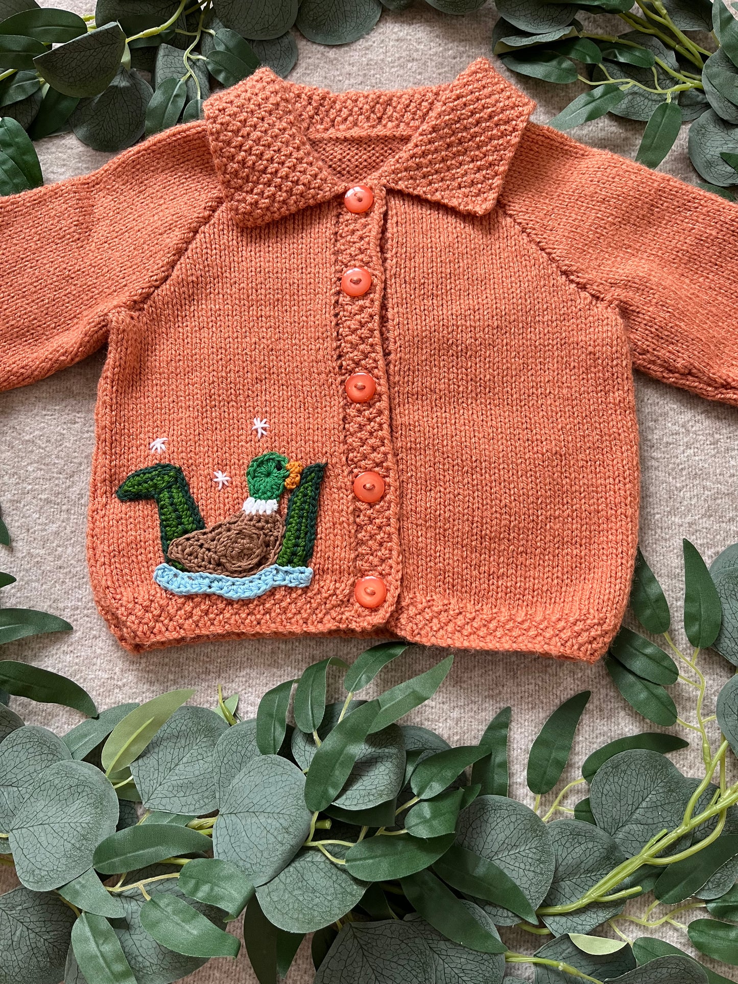 Size 12-18 Months, Duck Pond, Collar Cardigan, Hand knitted Baby