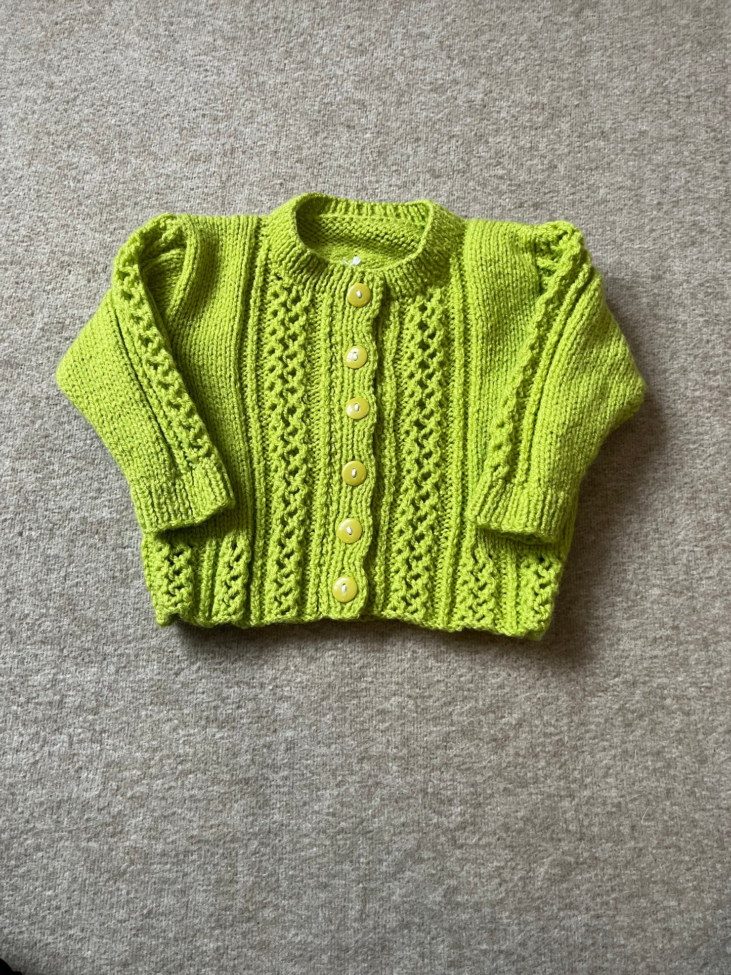 Size 6-12 Months, Green Floral Baby Cardigan, Hand Knitted Baby Girl