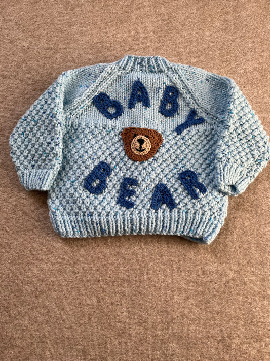 Size 6-12 Months, Blue Baby Bear Hand Knitted Cardigan, Bear In Pocket