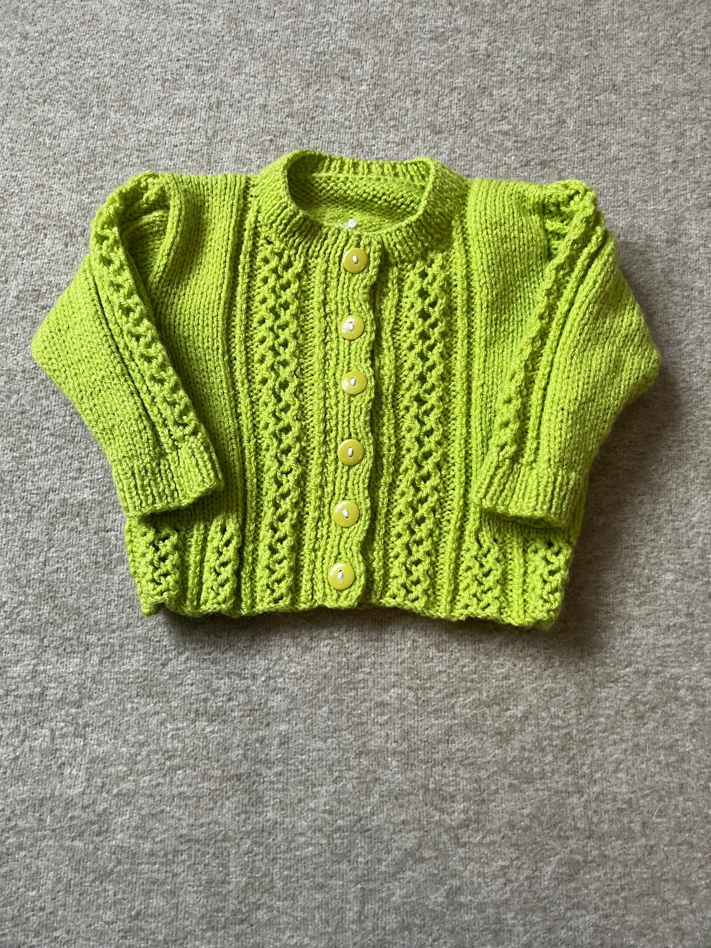 Size 6-12 Months, Green Floral Baby Cardigan, Hand Knitted Baby Girl