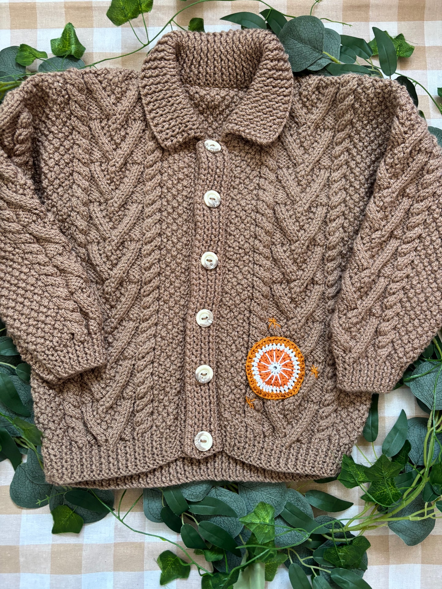 Size 4-6 years, Brown Chunky Cable knit. Marmalade Jar & Orange slices
