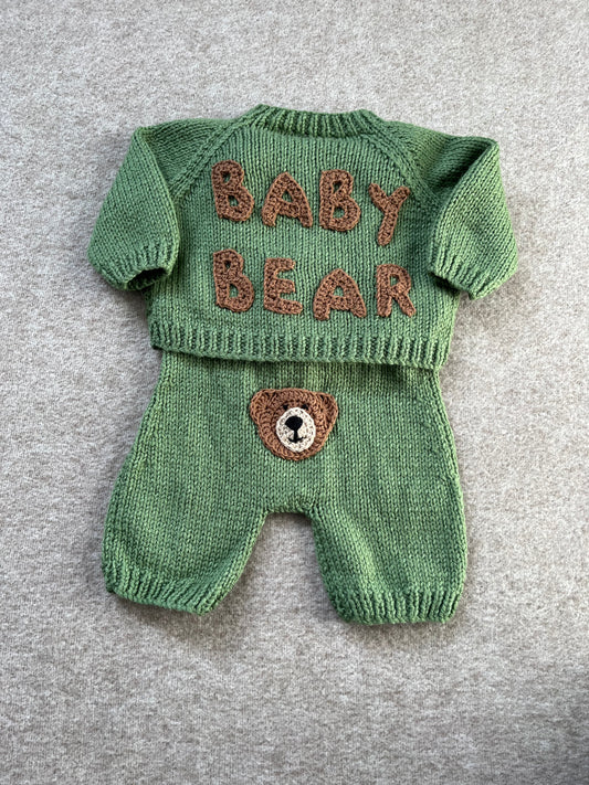 Size 0-3 Months, Baby Bear Romper & Cardi Set, Sage Green Hand Knitted Outfit