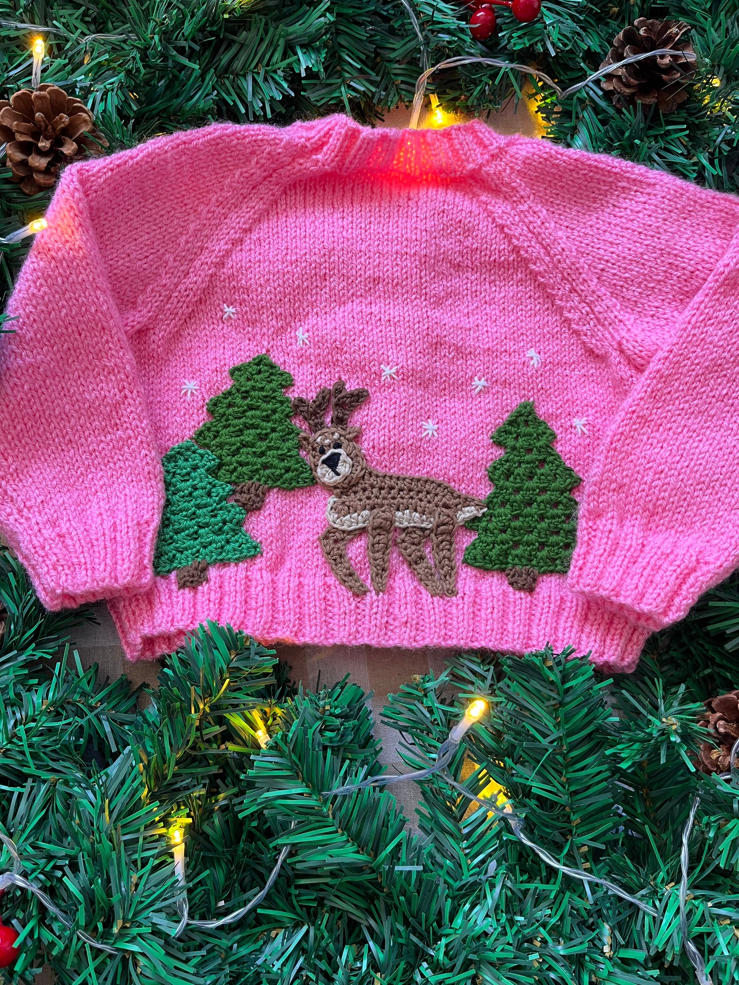 Size 12 Months, Reindeer in the Forest, Pink Baby Cardigan