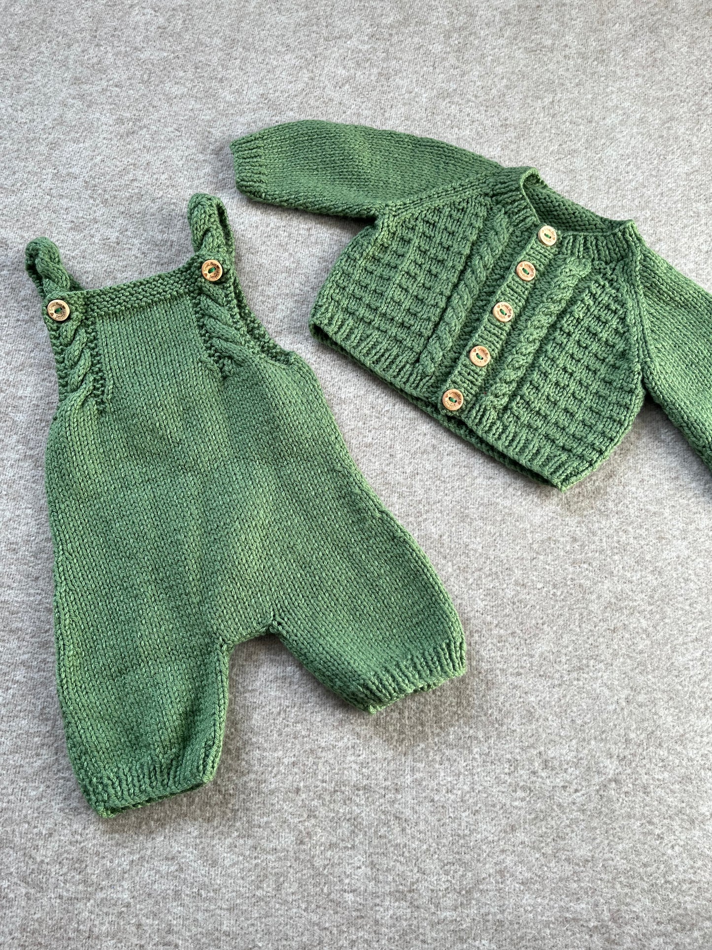 Size 0-3 Months, Baby Bear Romper & Cardi Set, Sage Green Hand Knitted Outfit