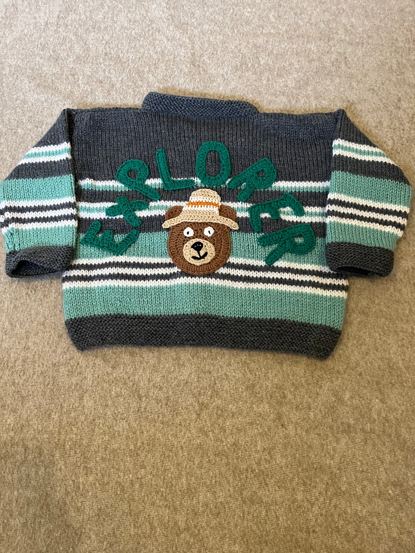 Size 2-3 Years, Explorer, Turquoise Stripe Cardigan, Hand knitted Kids Cardigan, Exploring Bear