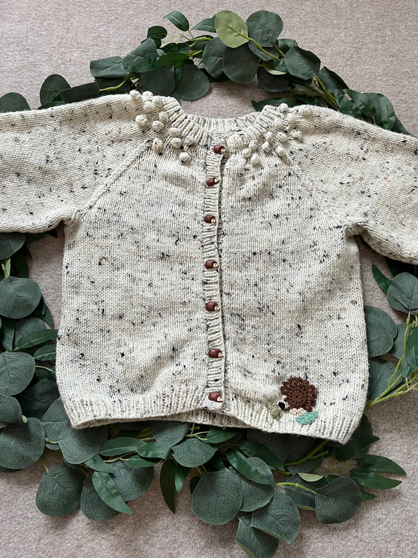 Size 5-6 Years, Forest Friends, Hand knitted Beige Fleck Cardigan, Hedgehog Buttons