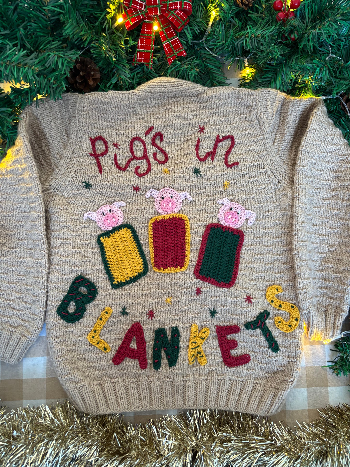 Size 5-7 Years, Pigs in Blankets, Beige Hand knitted Cardi