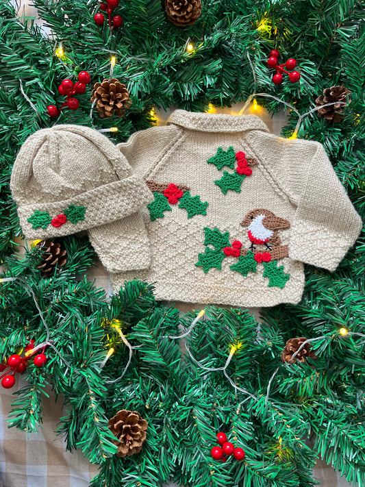 Size 3-6 Months, Robin & Holly Cardi & Hat Set