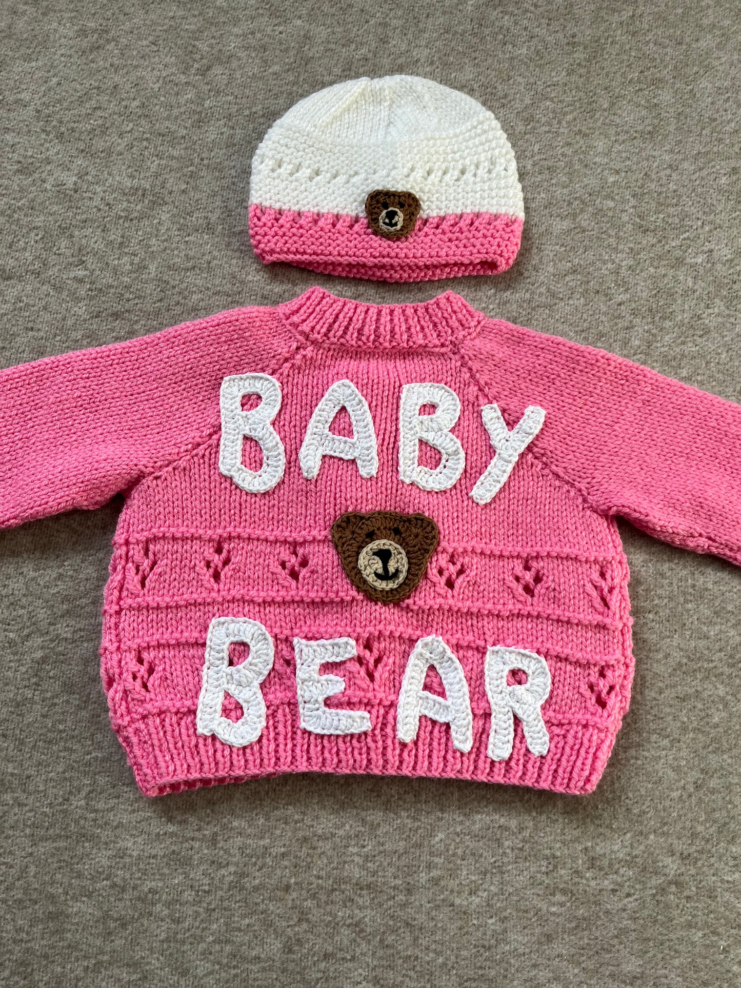 Size 6-12 Months, Baby Bear Cardigan & Hat Set, Hand Knitted Pink & White