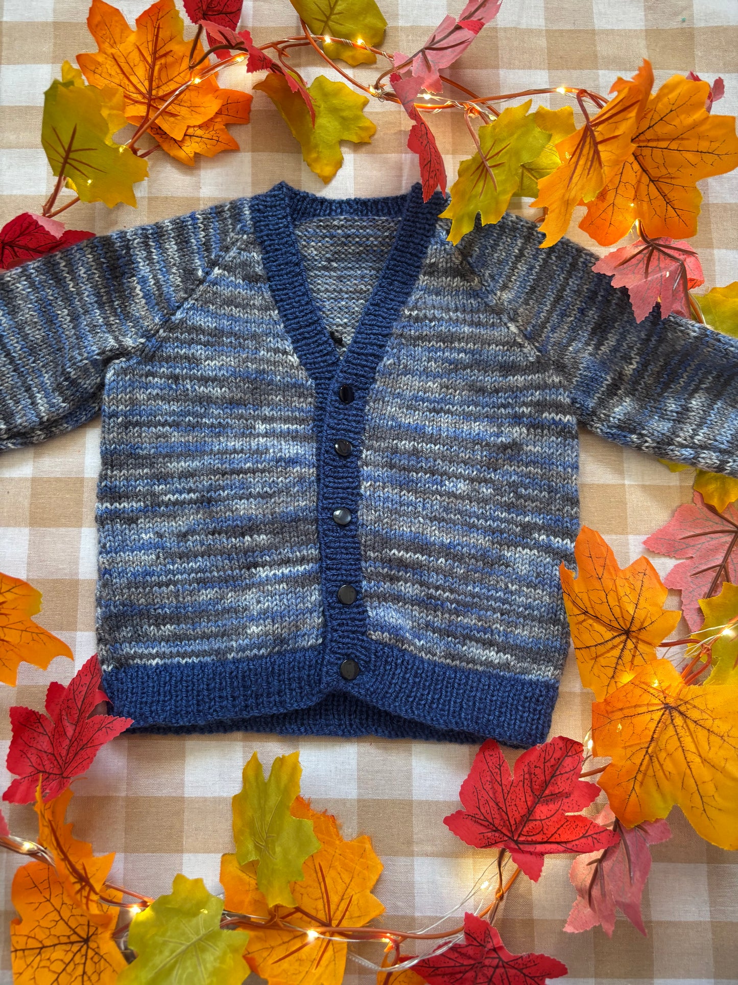 Size 1-2 Years, Little Boo, Blue /Black Hand Knitted Cardi