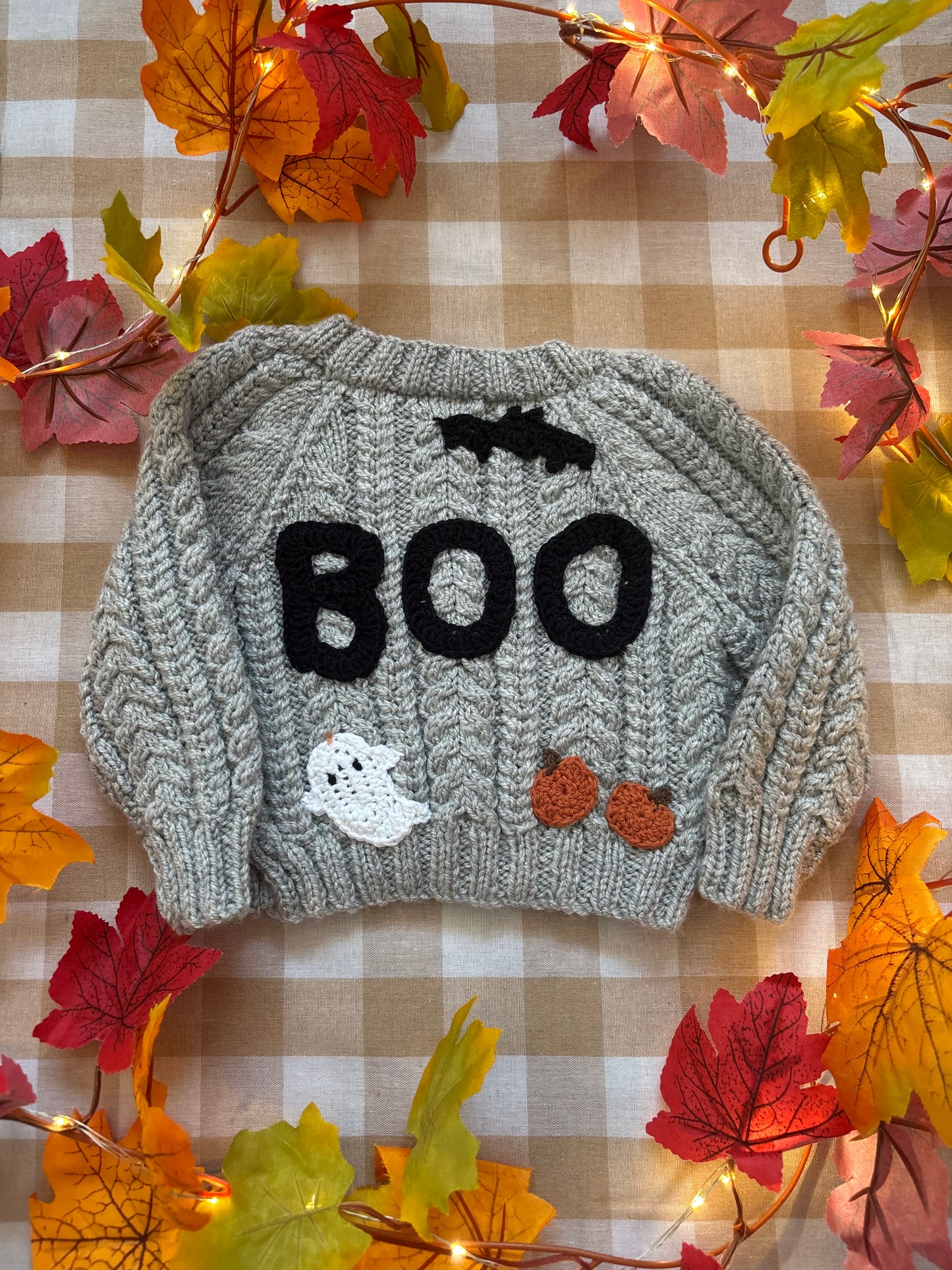 Size 0-3 Months, Boo Cardigan, Halloween Baby Cardigan, Grey Hand knitted