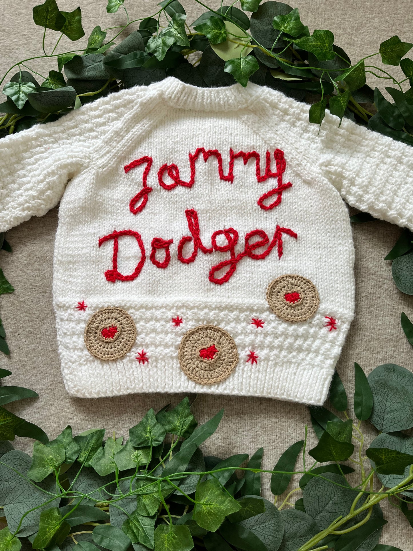 Size 1-2 Years, Jammy Dodger, White Hand Knitted Cardigan