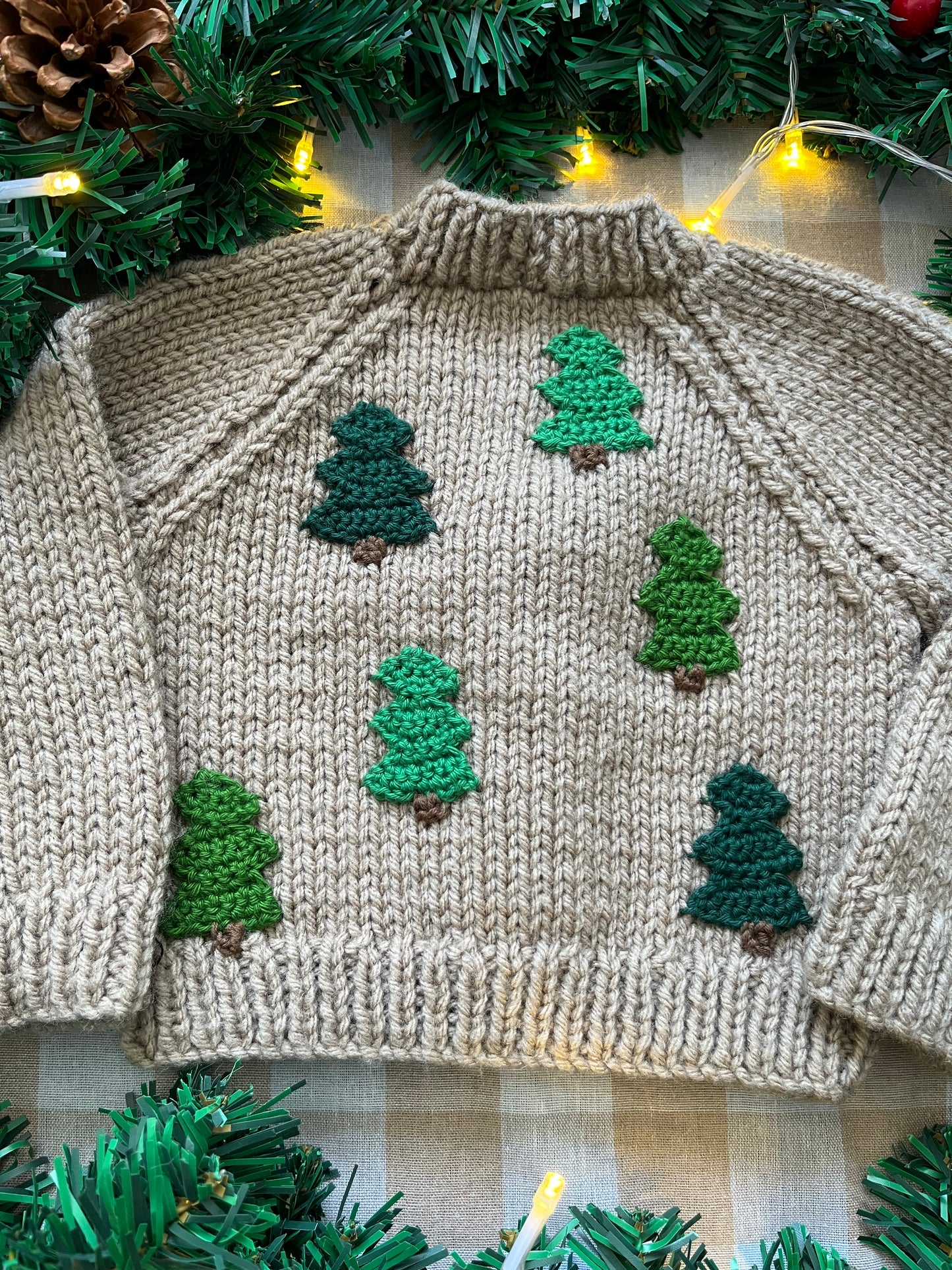 Size 0-3 Months, Beige Hand Knitted Cardi with Mini Christmas Tree’s
