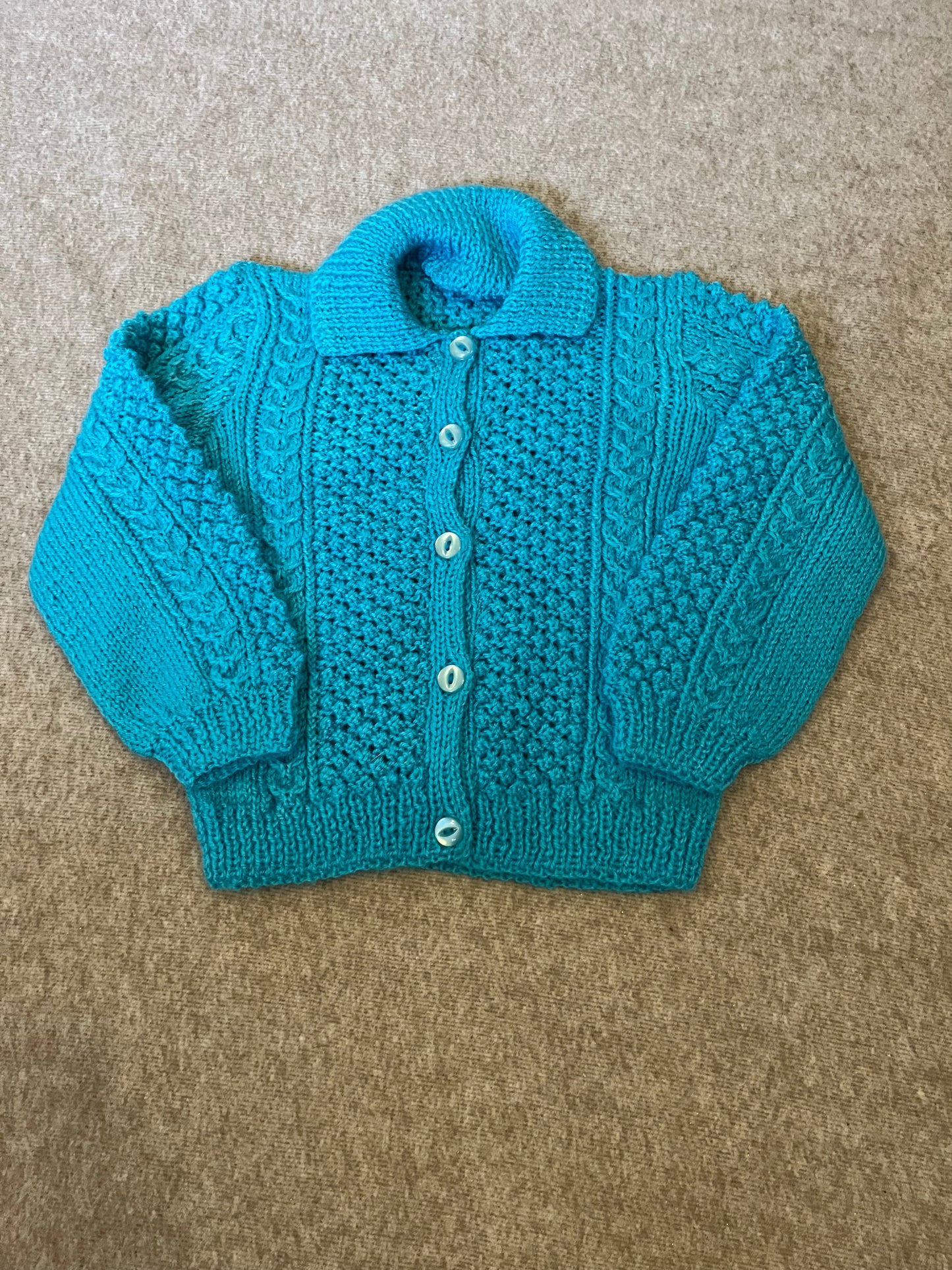 Size 1-2 Years, Bear Hugs, Turquoise Hand Knitted Cardigan