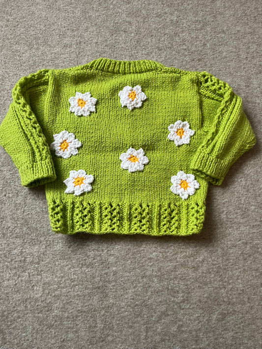 Size 6-12 Months, Green Floral Baby Cardigan, Hand Knitted Baby Girl