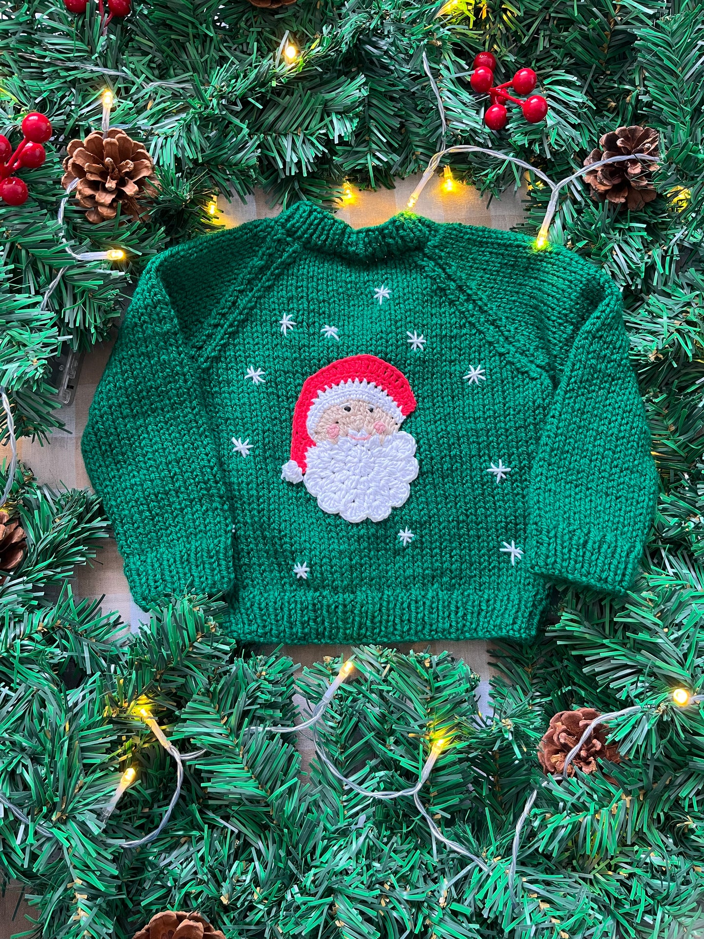Size 3-6 Months, Green Hand Knitted Cardi, Santa design
