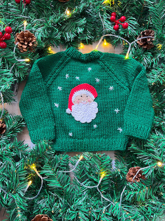 Size 3-6 Months, Green Hand Knitted Cardi, Santa design