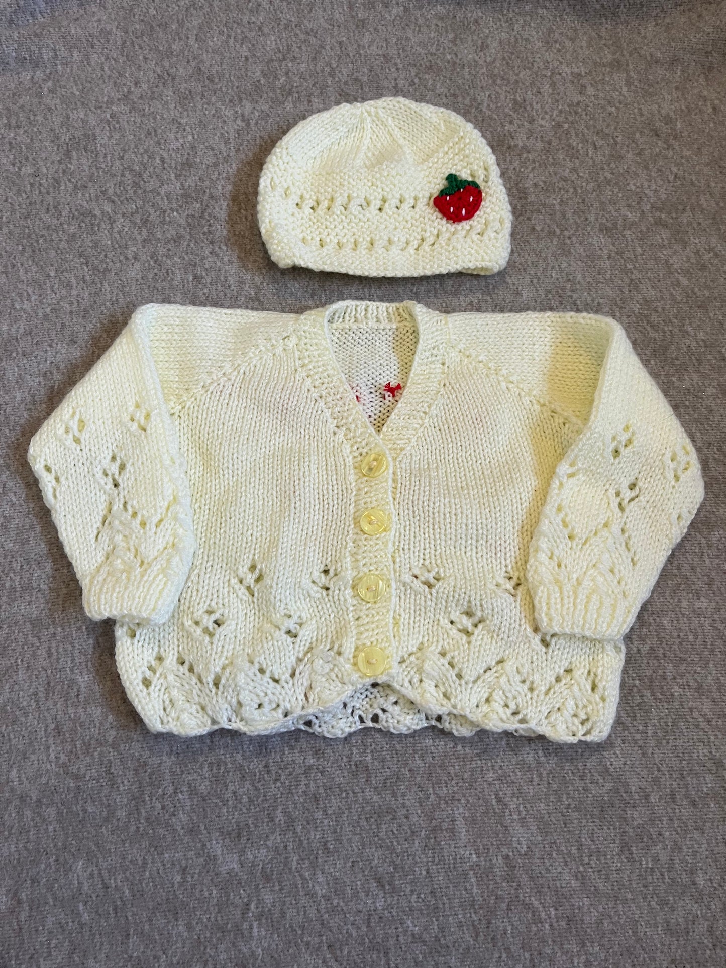 Size 6-9 Months, Berry Cute, Lemon Cardigan & Hat Set, Strawberry Cardigan