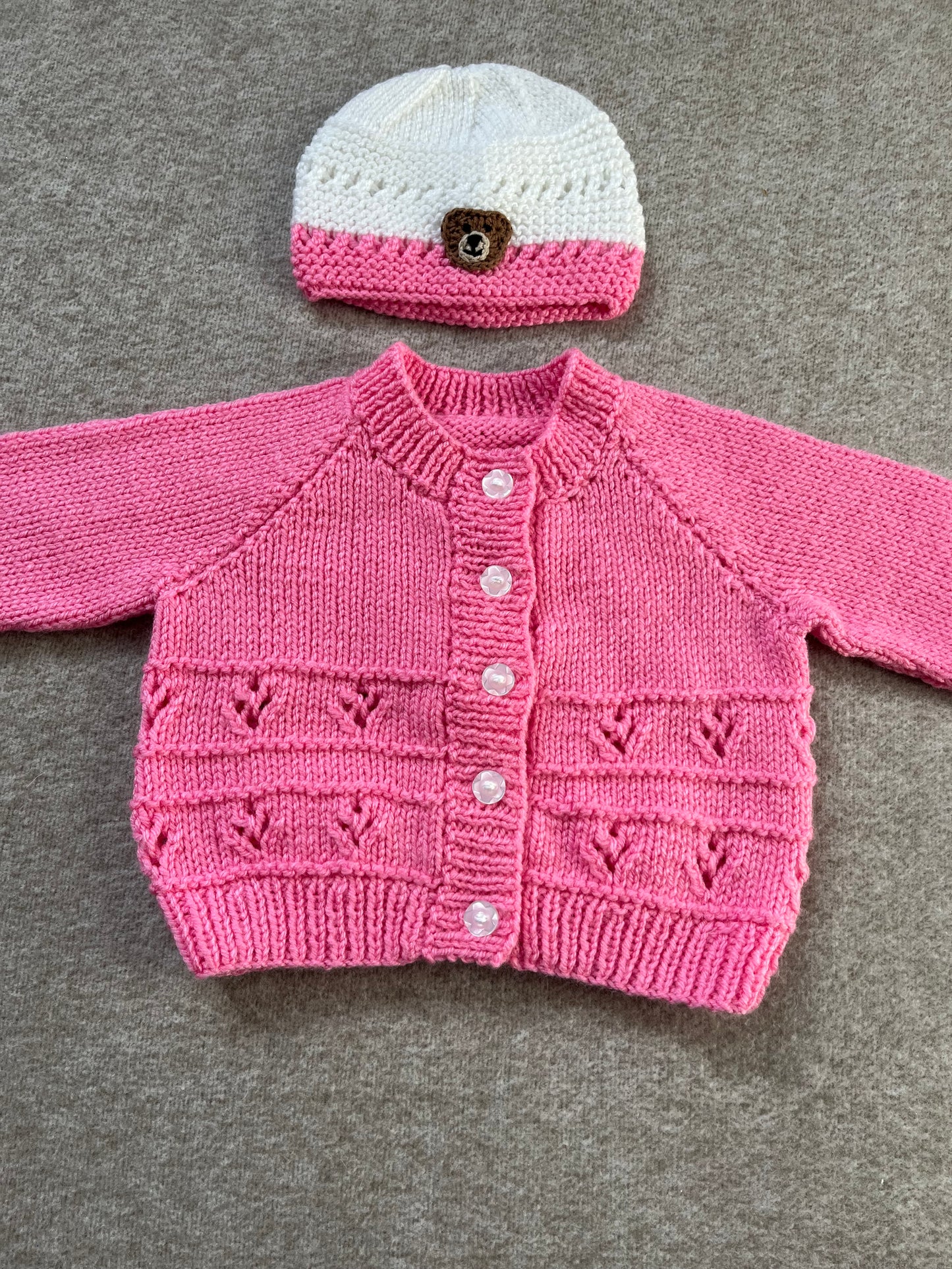 Size 6-12 Months, Baby Bear Cardigan & Hat Set, Hand Knitted Pink & White