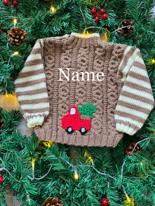 Personalise Me, Size 9-12 Months, Red Christmas Truck, Name Cardi, Striped Sleeves