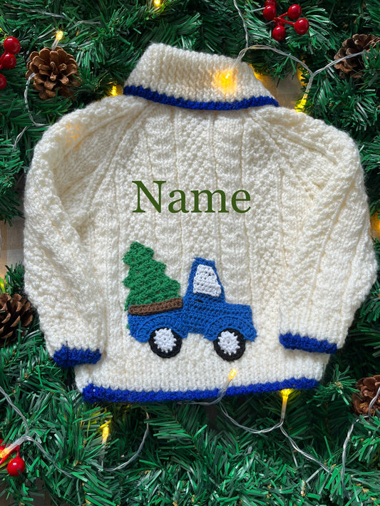 Personalise Me, Size 12-18 Months, Blue Christmas Truck Name Cardi