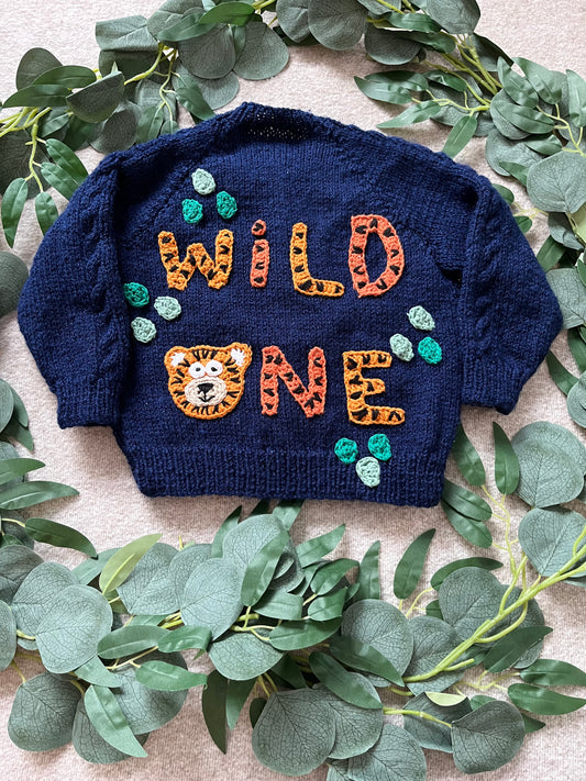 Size 12-18 Months, Wild One, Hand knitted Navy Cardigan, First Birthday Cardigan