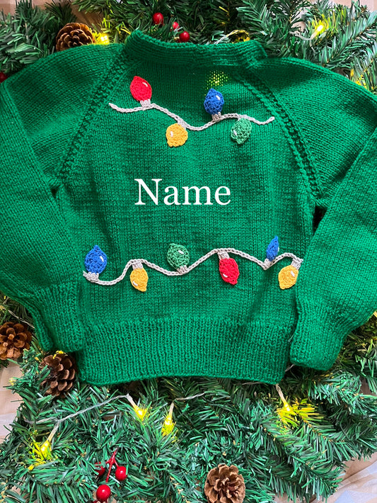 Personalise Me, Size 5-7 Years, Name Cardigan, Green Christmas Lights Cardi