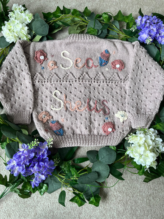 Size 2-4 Years, Sea Shells, Hand Knitted Cardigan