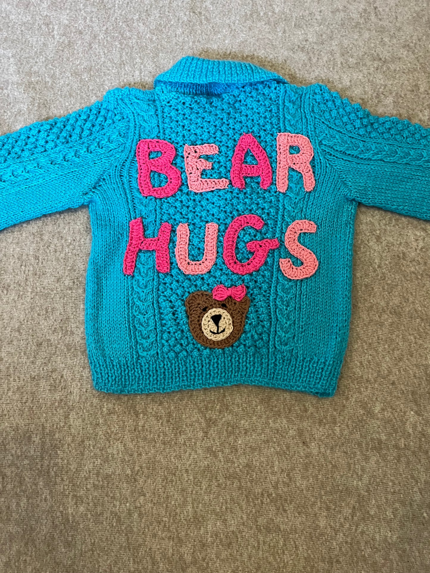 Size 1-2 Years, Bear Hugs, Turquoise Hand Knitted Cardigan