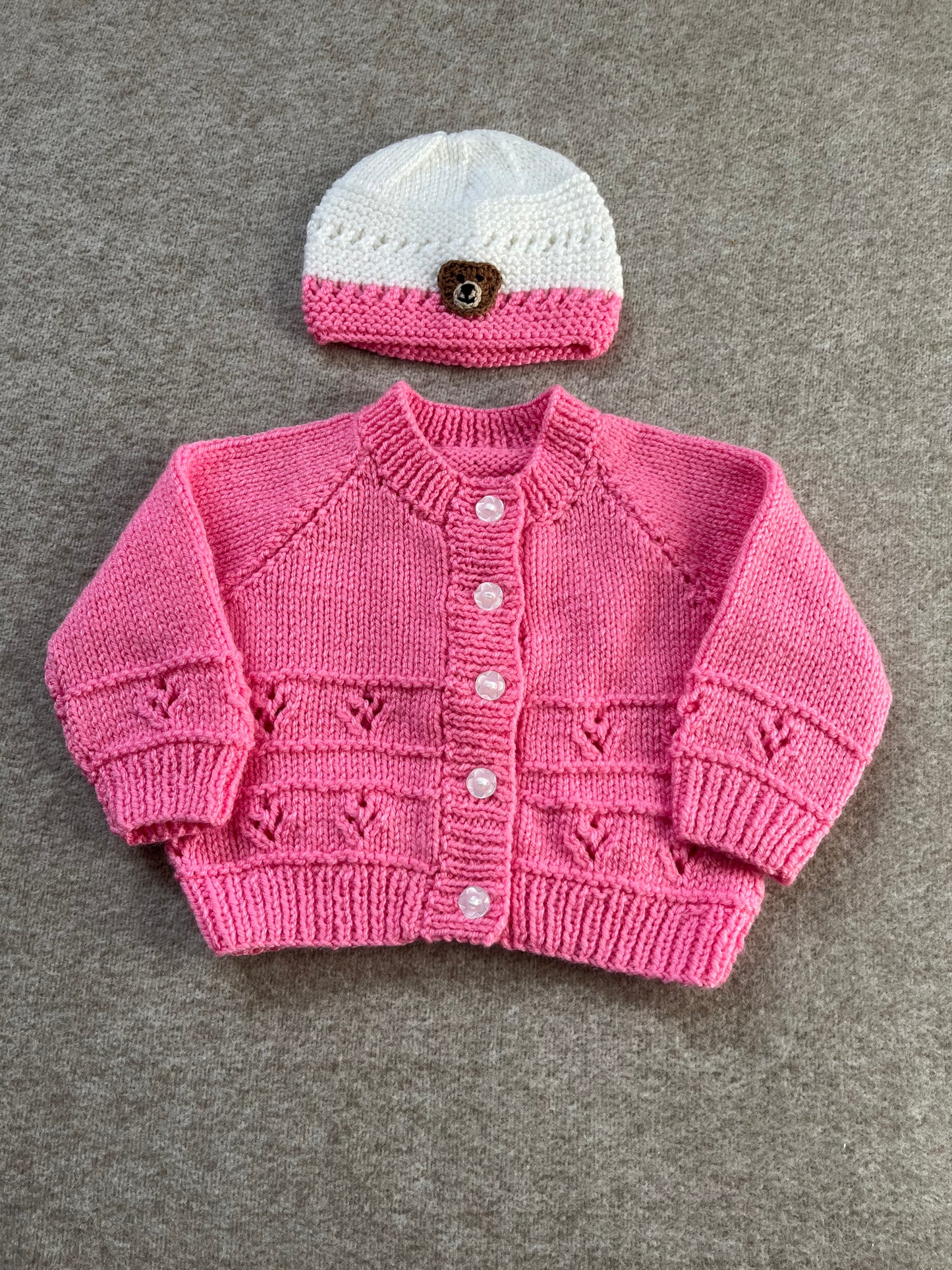 Size 6-12 Months, Baby Bear Cardigan & Hat Set, Hand Knitted Pink & White