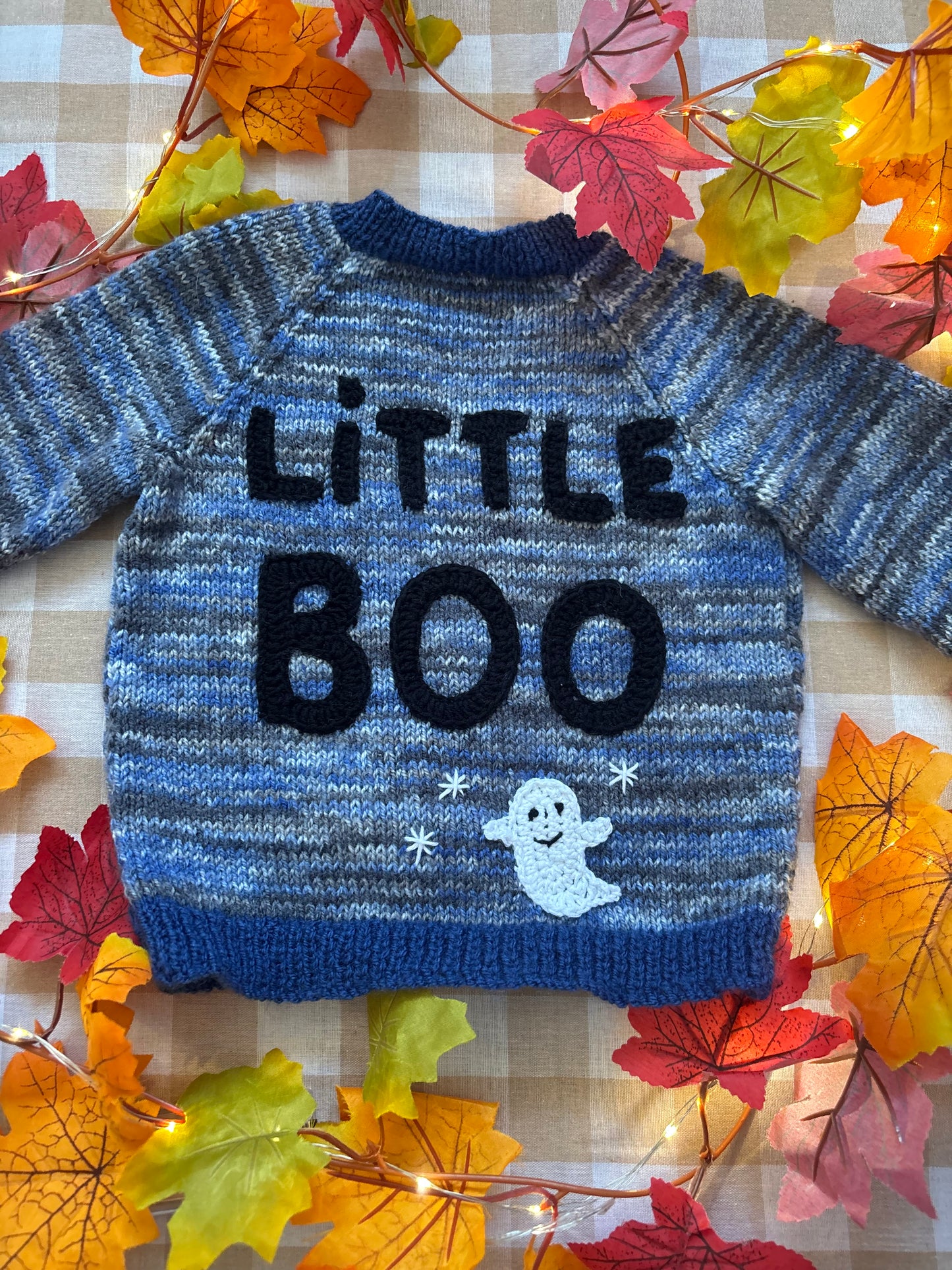 Size 1-2 Years, Little Boo, Blue /Black Hand Knitted Cardi