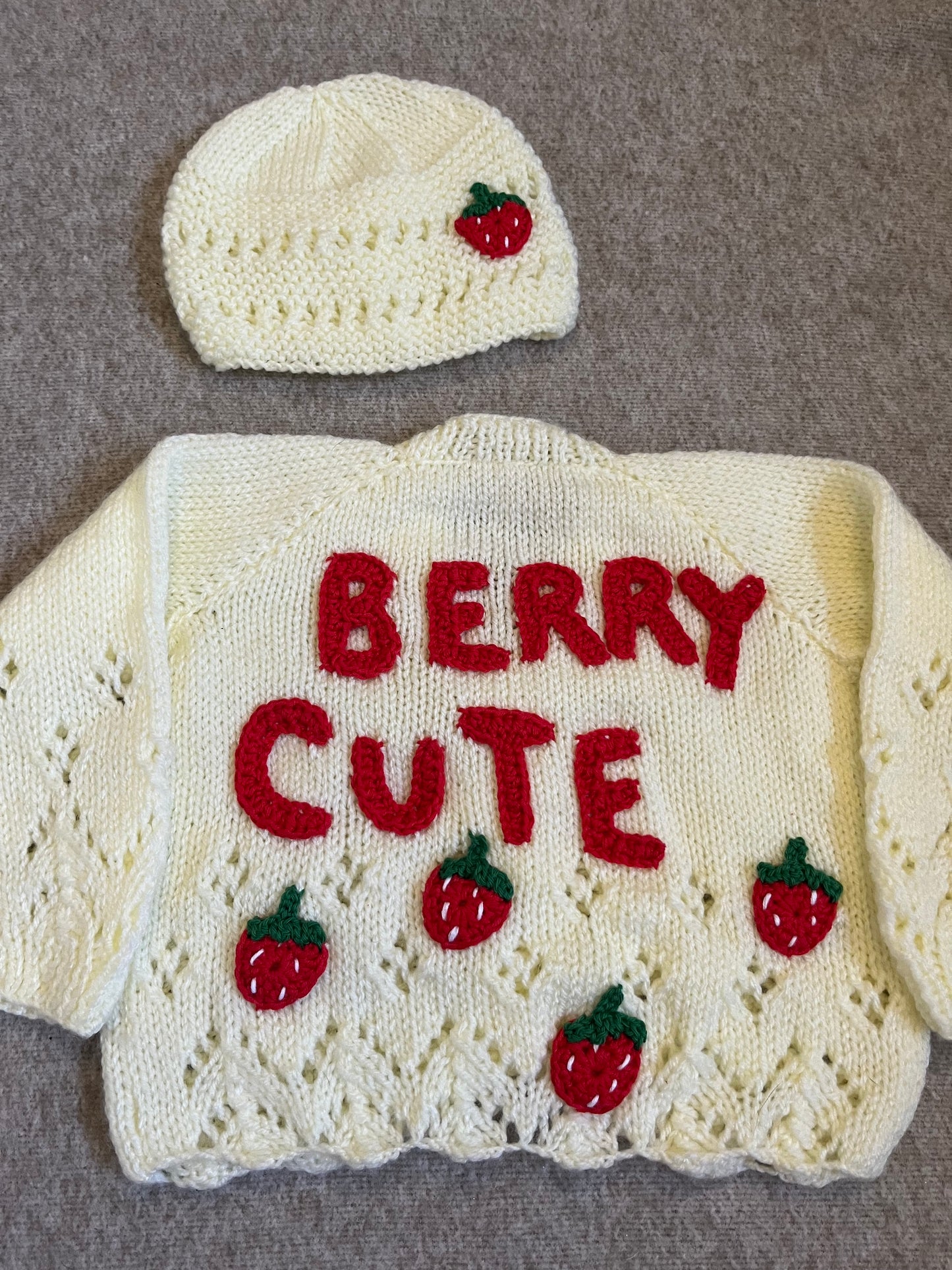 Size 6-9 Months, Berry Cute, Lemon Cardigan & Hat Set, Strawberry Cardigan