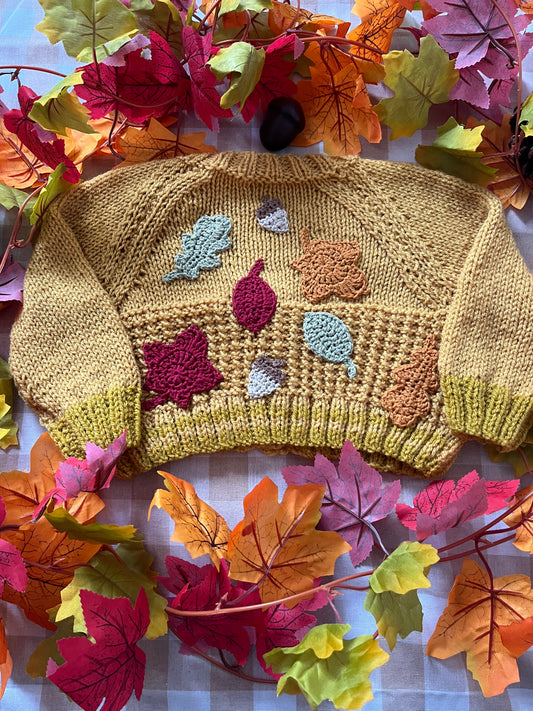 Size 1-2 Years, Autumn Leaves, Cropped Style Cardi, Mustard with Trim