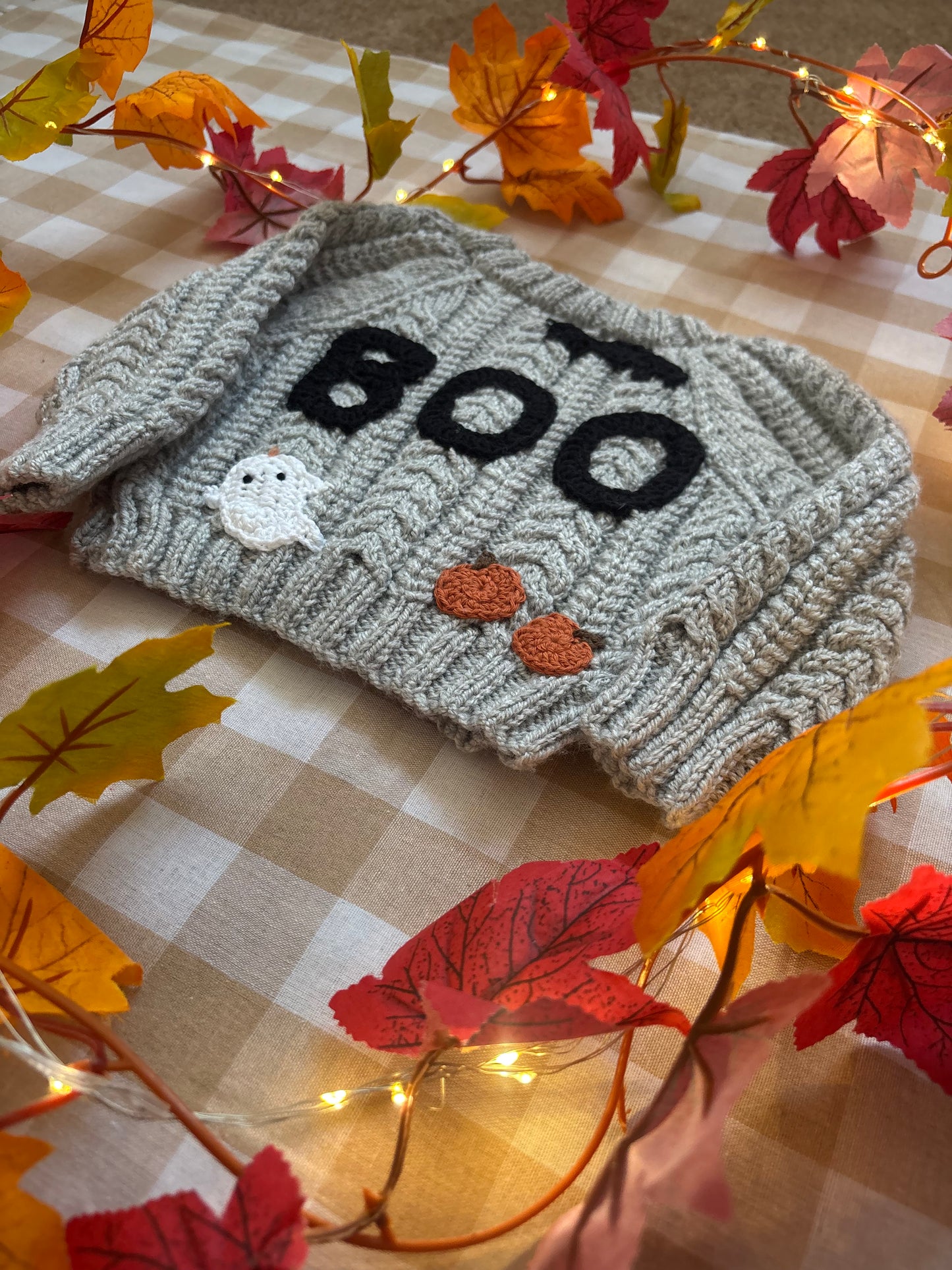 Size 0-3 Months, Boo Cardigan, Halloween Baby Cardigan, Grey Hand knitted