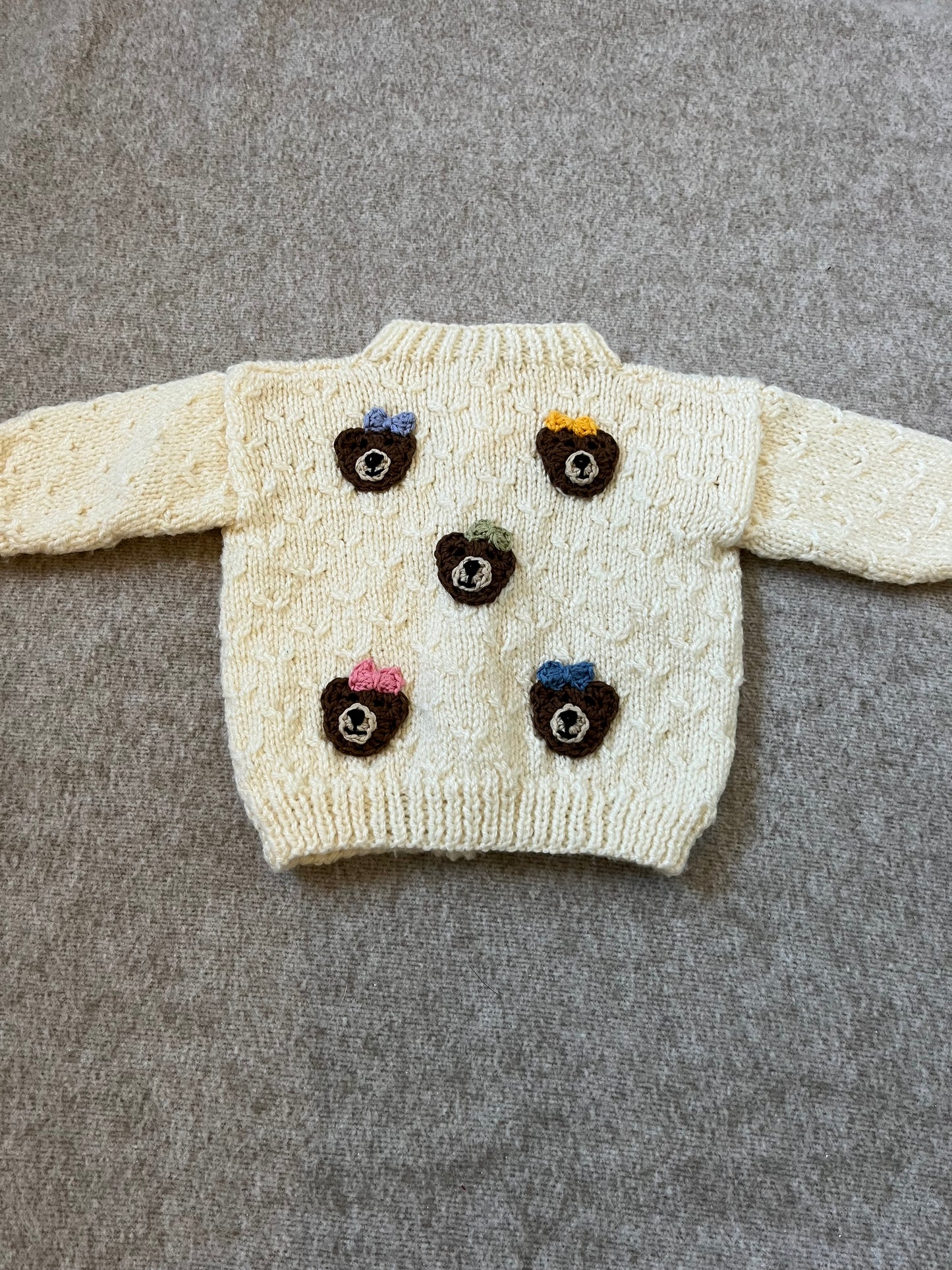 Size 0-3 Months, Hand knitted Cream Cardigan, Bears with Bow, New Baby Present