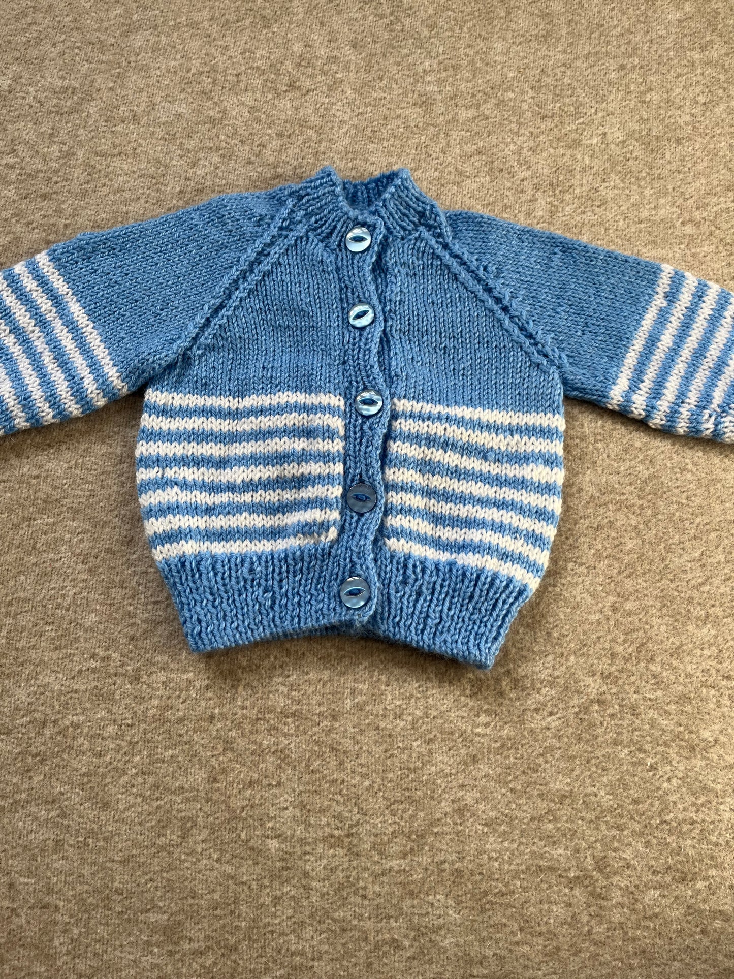 Size 6 Months, Lion Cub, Blue Hand Knitted Cardigan, White Stripe