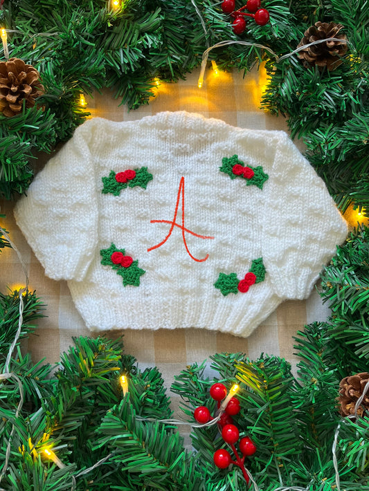 Personalise Me, Size 0-3 Months, White Holly Cardi, Add a Letter