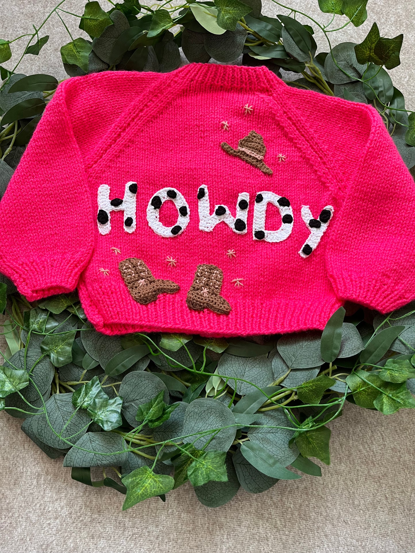 Size 1-2 Years, Howdy, Cow Print, Cow Girl Theme, Cowboy Boots + Hat Design, Handknitted Hot Pink Cardigan