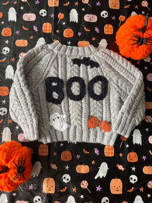 Size 0-3 Months, Boo Cardigan, Halloween Baby Cardigan, Grey Hand knitted