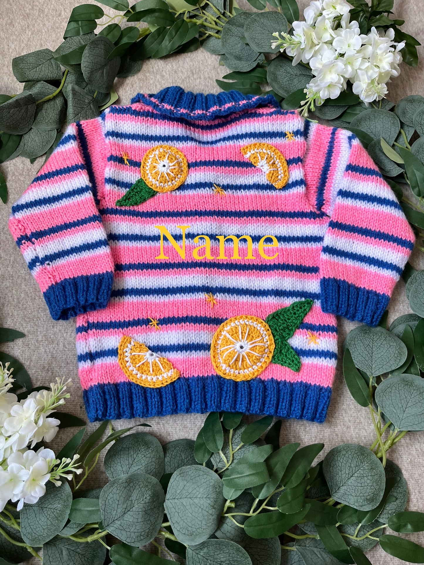 Size 12 Months, Personalise Me, Name Cardigan, Lemons, Hand Knitted Pink/ Blue/ White