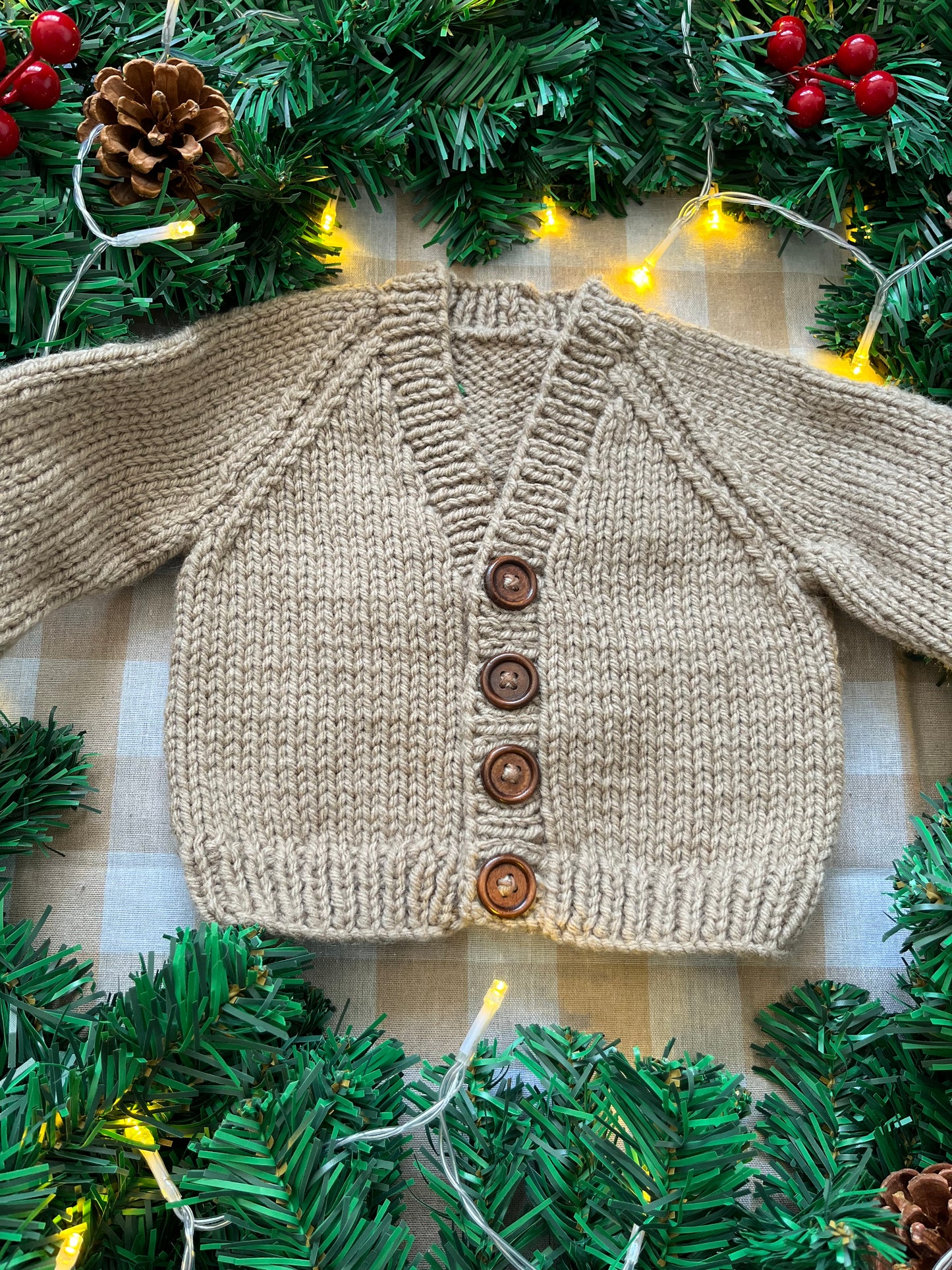 Size 0-3 Months, Beige Hand Knitted Cardi with Mini Christmas Tree’s