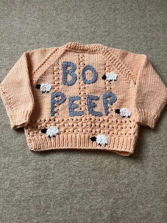 Size 1-2 Years, Bo Peep, Little Sheep, Hand Knitted Peach Cardigan