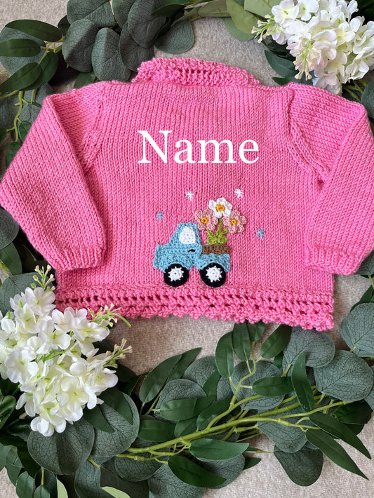 Size 6-12 Months, Personalise Me, Name Flower Truck, Hand Knitted Pink Cardigan