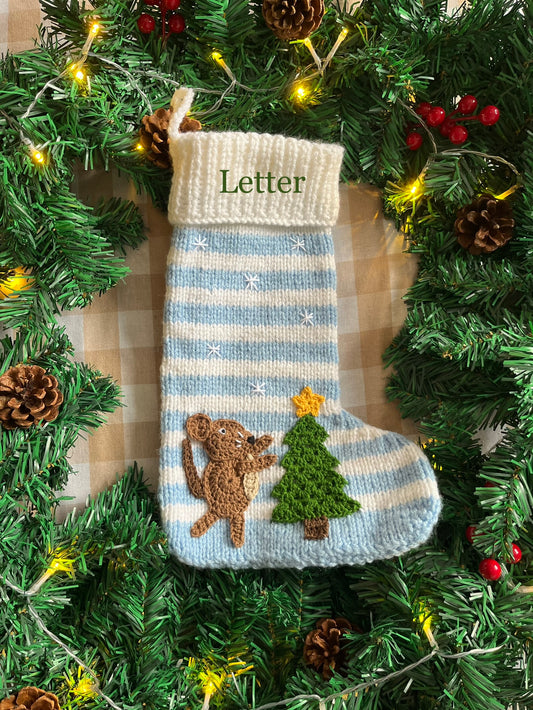 Blue & White stripe Stocking, Little Mouse and Christmas Tree. Add a letter.