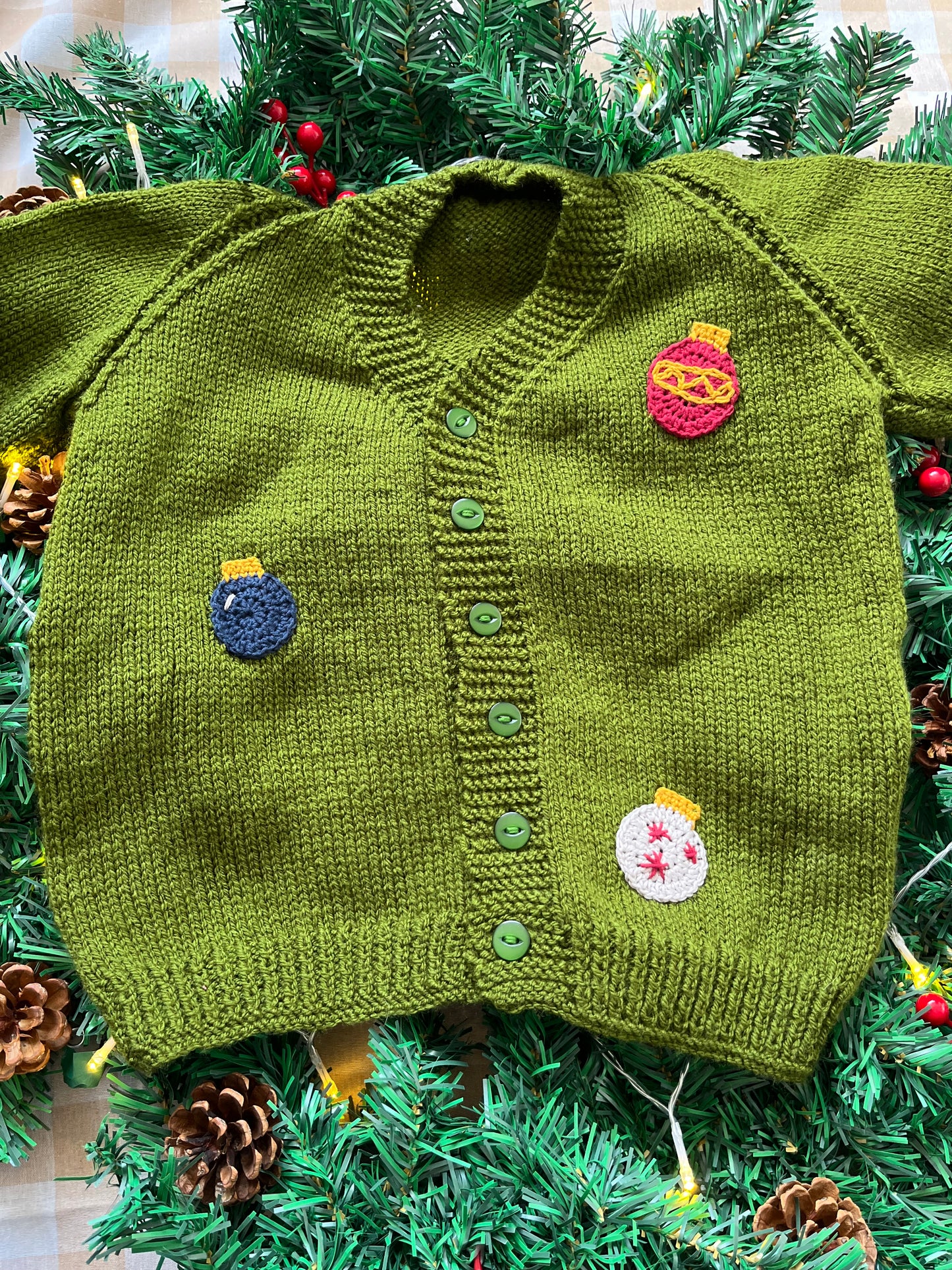 Size 4-6 Years, Noel, Olive Green Cardi with Baubles