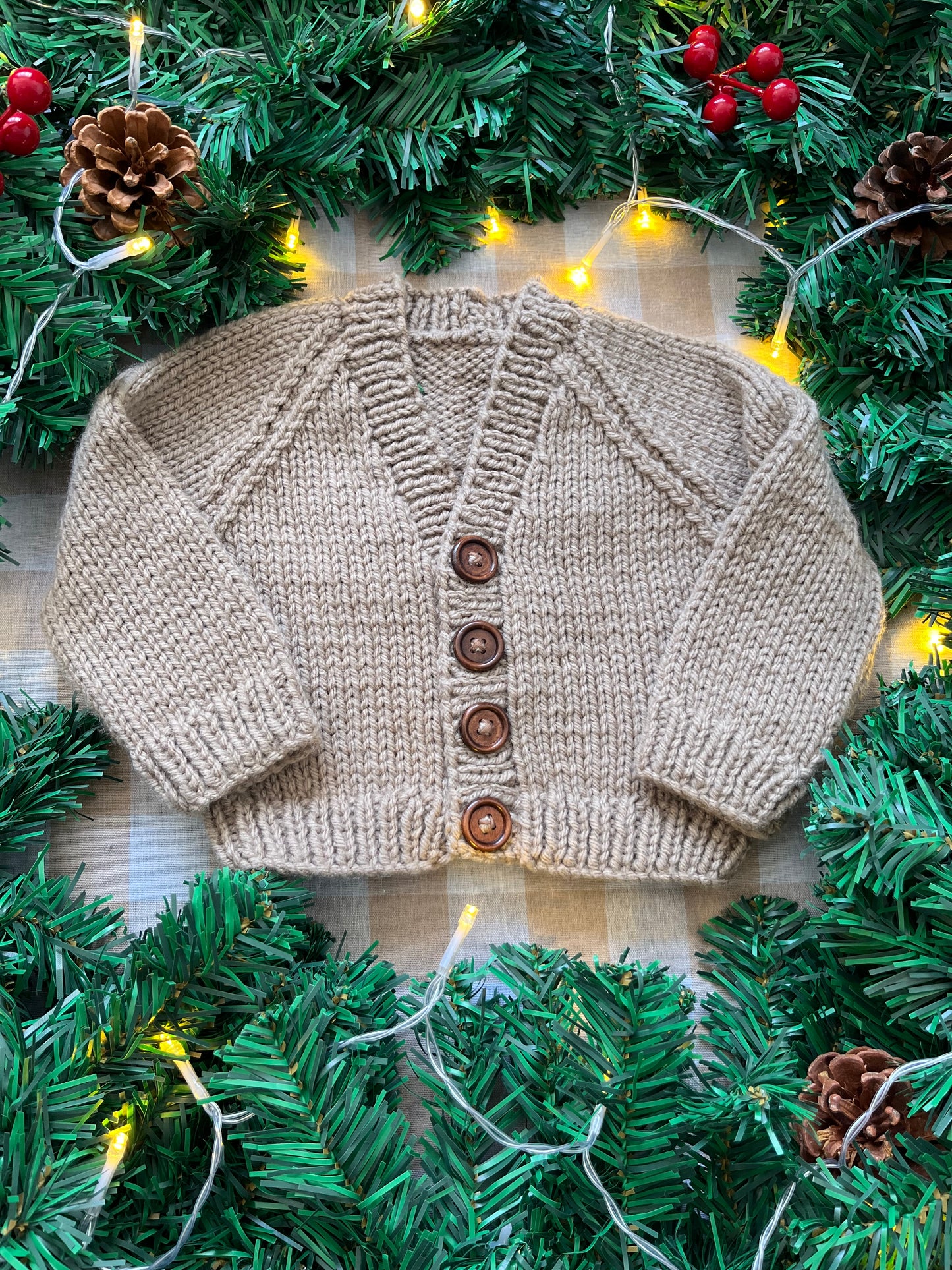 Size 0-3 Months, Beige Hand Knitted Cardi with Mini Christmas Tree’s