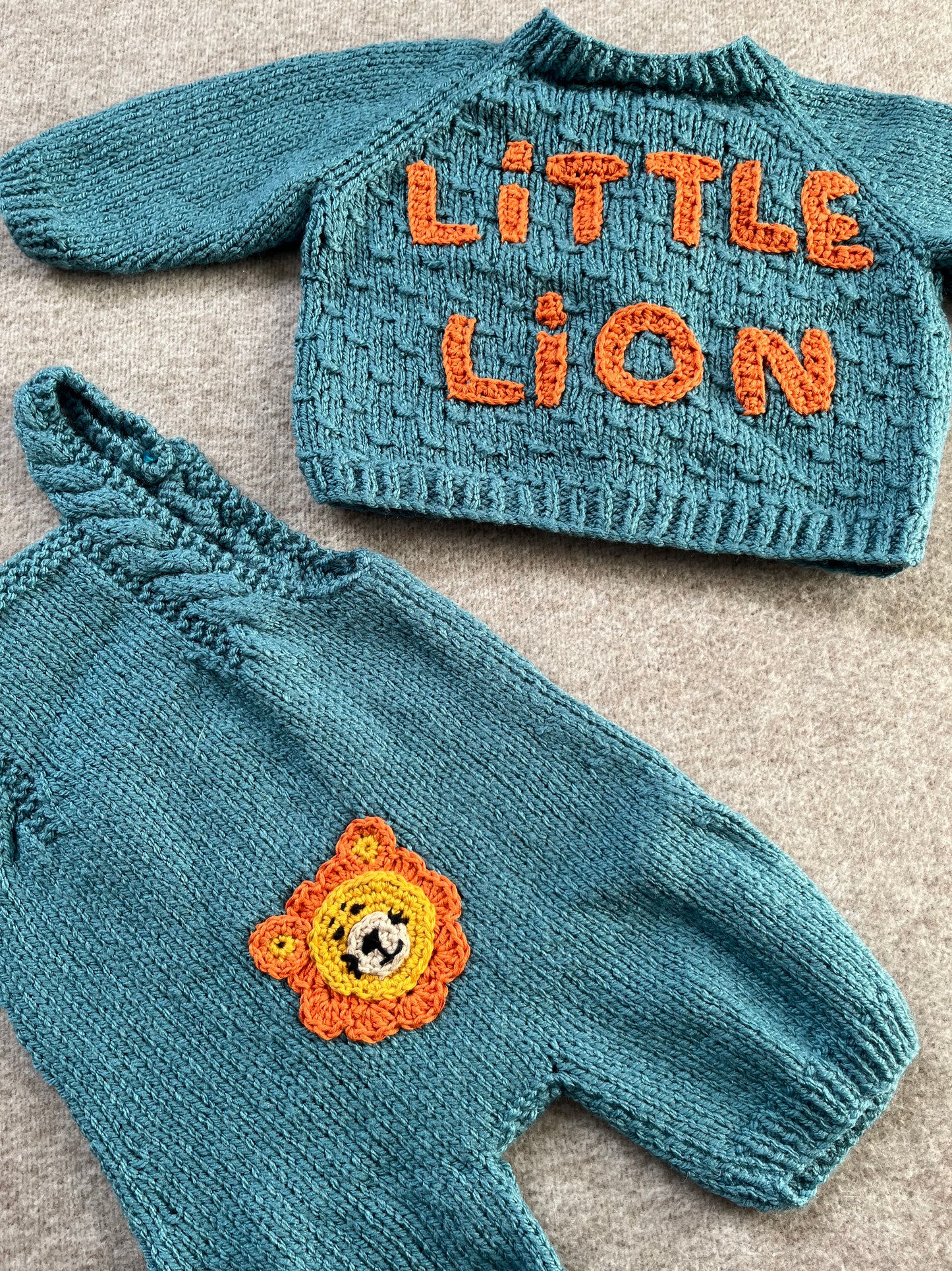 Size 0-3 Months, Baby Romper & Cardigan Set, Hand Knitted Turquoise Baby Gift, Little Lion