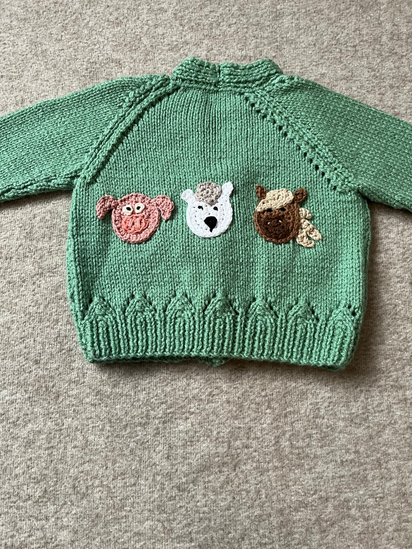 Size 6 Months, Farm Animal Green Cardigan, Hand Knitted Baby Cardigan