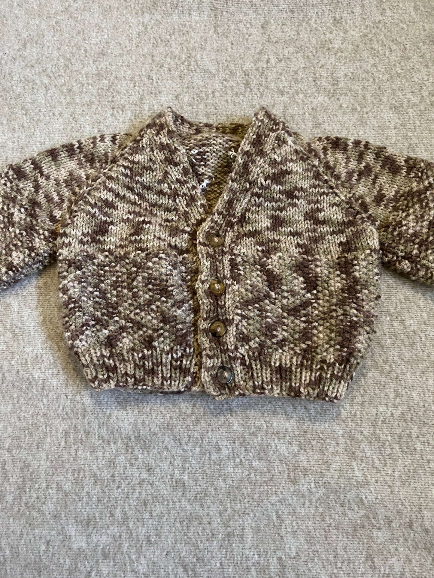 Size 0-6 Months, Country Boy, Hand Knitted Speckled Brown Cardigan with Tractor