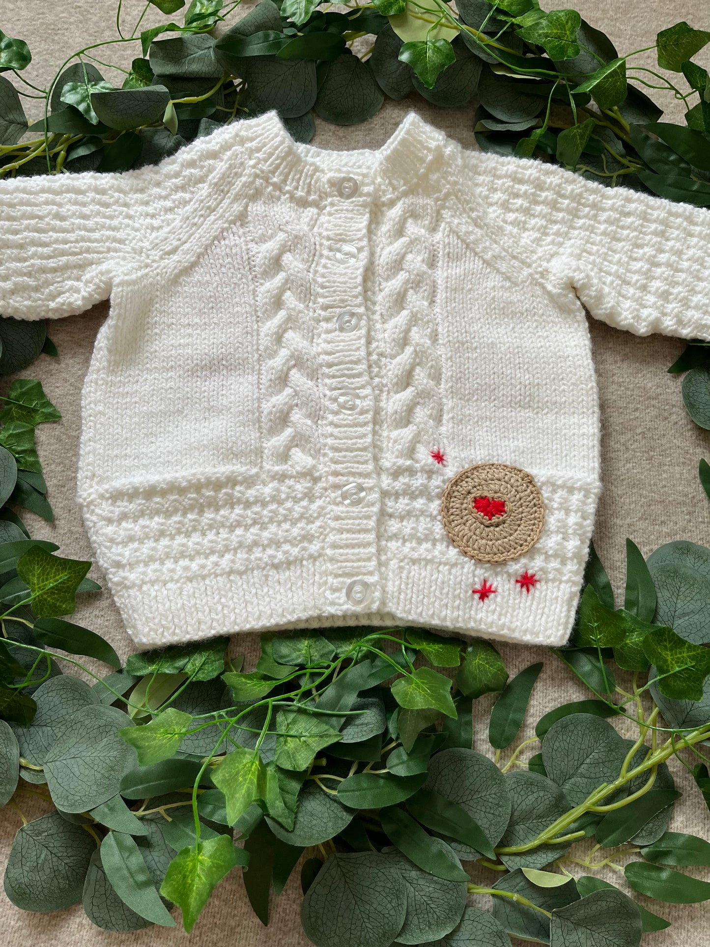 Size 1-2 Years, Jammy Dodger, White Hand Knitted Cardigan